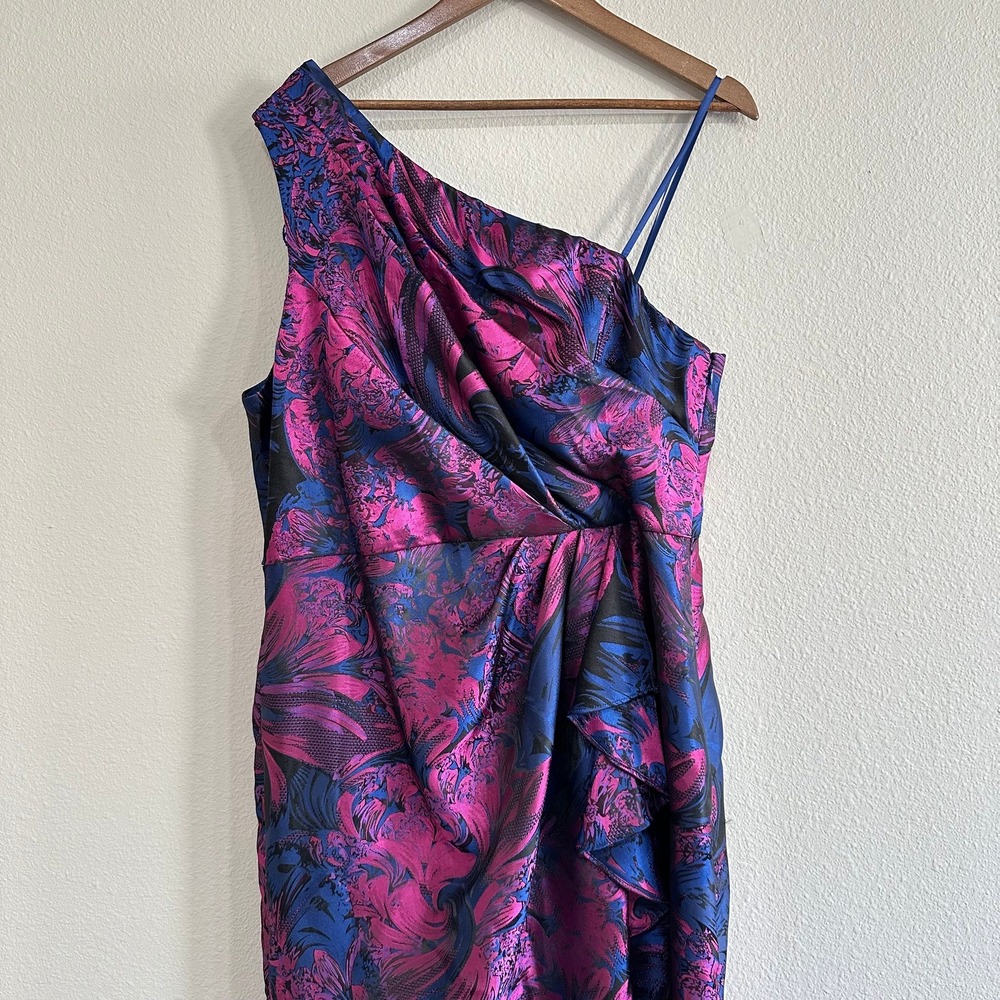 Adrianna Papell Size 20 Blue Pink Brocade Floral Formal Dress One Shoulder - Picture 2 of 13